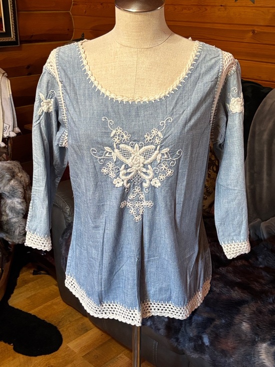 Lucky Brand Tops - Lucky Brand Light Blue Embroidered Crochet-Trim Tunic